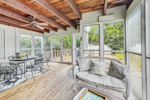 218 N Merrill St, Park Ridge, IL 60068 - sunroom featuring a ceiling fan, beamed ceiling, and outdoor dining area