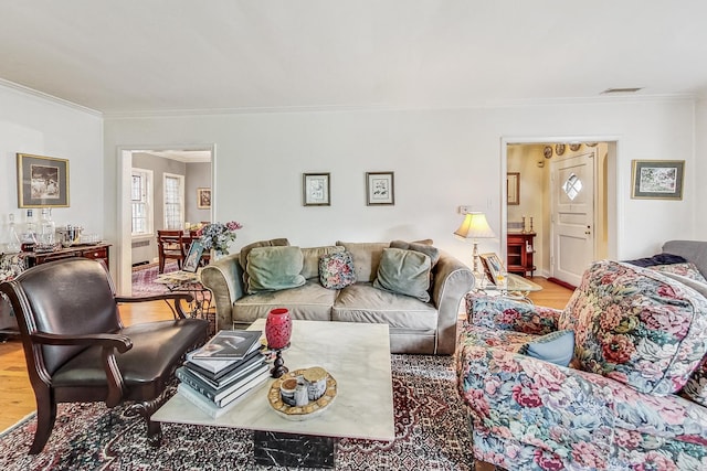 218 N Merrill St, Park Ridge, IL 60068 - living room featuring ornamental molding, wood finished floors, and radiator heating unit