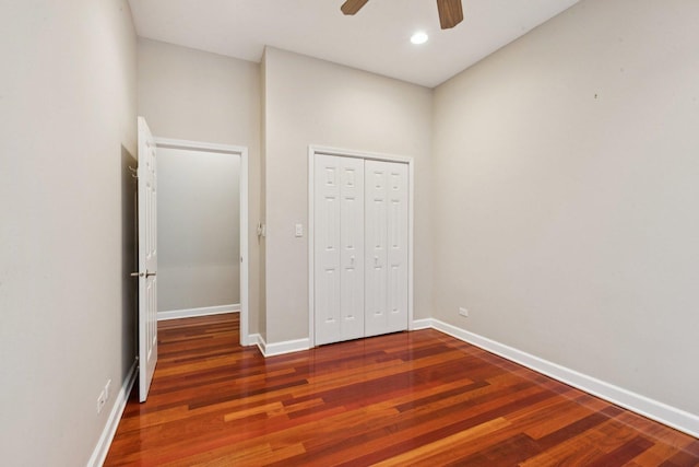 4243 N Keystone Ave Unit 2S, Chicago, IL 60641 - unfurnished bedroom with wood finished floors, a closet, a ceiling fan, and recessed lighting