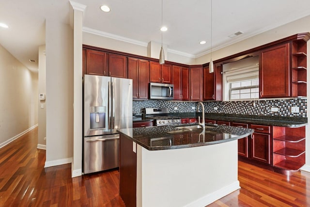 4243 N Keystone Ave Unit 2S, Chicago, IL 60641 - kitchen with stainless steel dishwasher, open floor plan, ornamental molding, dark stone countertops, and decorative light fixtures