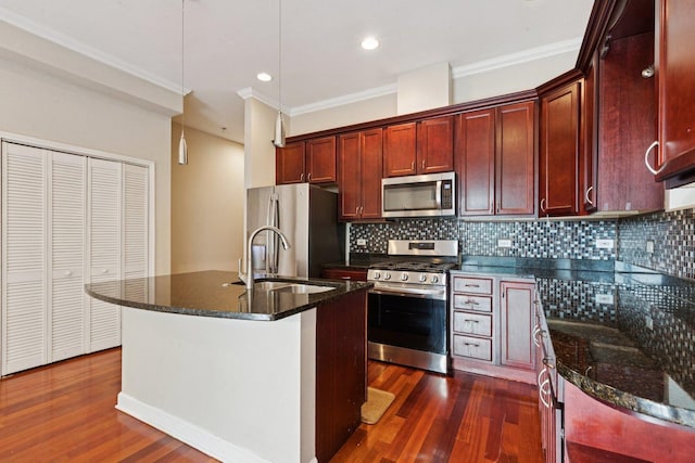 4243 N Keystone Ave Unit 2S, Chicago, IL 60641 - kitchen with stainless steel dishwasher, dark wood-type flooring, ornamental molding, decorative backsplash, and pendant lighting