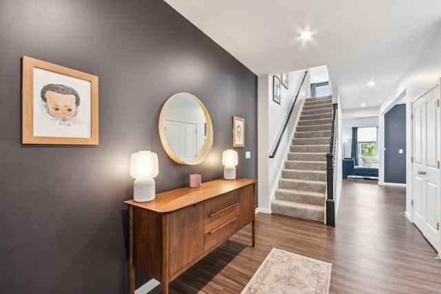 3620 Ambrosia Dr, Naperville, IL 60564 - foyer featuring stairs, wood finished floors, and recessed lighting