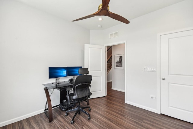 3620 Ambrosia Dr, Naperville, IL 60564 - home office with dark wood finished floors and a ceiling fan