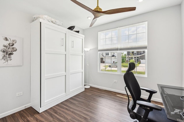 3620 Ambrosia Dr, Naperville, IL 60564 - home office with ceiling fan, dark wood-style flooring, and recessed lighting