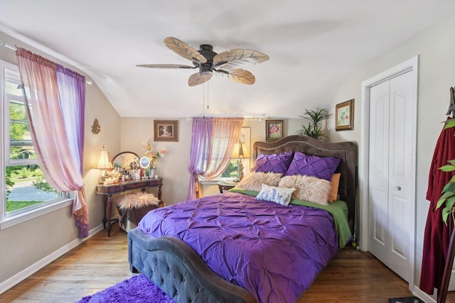 1427 S 5th St, Saint Charles, IL 60174 - bedroom featuring wood finished floors, vaulted ceiling, a ceiling fan, and a closet