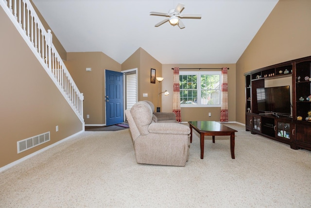 7 Crystal Ct, Bloomington, IL 61704 - carpeted living room with stairs, ceiling fan, and vaulted ceiling