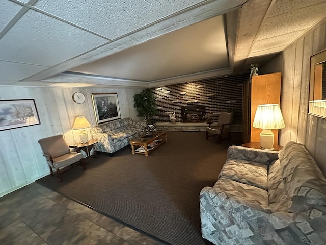 200 Deborah Ln Unit 13C, Wheeling, IL 60090 - living room featuring wood walls and a wood stove