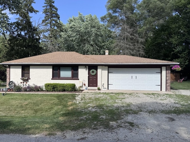 1601 Bolling Ave, Johnsburg, IL 60051 - ranch-style home with driveway, a front lawn, an attached garage, brick siding, and roof with shingles