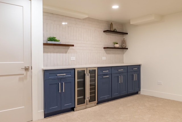 716 Somerset Ln, Darien, IL 60561 - indoor dry bar featuring wine cooler, light colored carpet, and recessed lighting