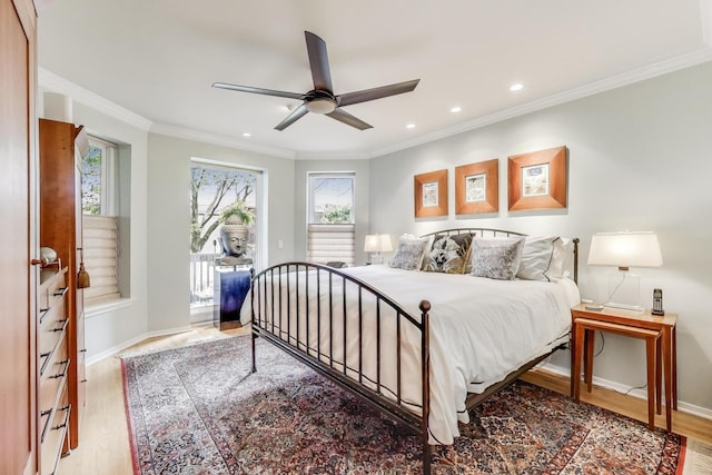 917 W Gunnison St Unit 1W, Chicago, IL 60640 - bedroom featuring access to exterior, light wood-style floors, ornamental molding, recessed lighting, and ceiling fan