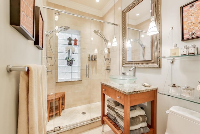 917 W Gunnison St Unit 1W, Chicago, IL 60640 - bathroom featuring ornamental molding, a shower stall, and vanity