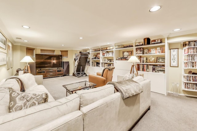 917 W Gunnison St Unit 1W, Chicago, IL 60640 - living room featuring light colored carpet, recessed lighting, and crown molding