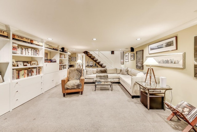917 W Gunnison St Unit 1W, Chicago, IL 60640 - living room featuring stairs, carpet, and recessed lighting