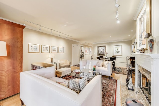 917 W Gunnison St Unit 1W, Chicago, IL 60640 - living area featuring track lighting, light wood-type flooring, crown molding, and a premium fireplace