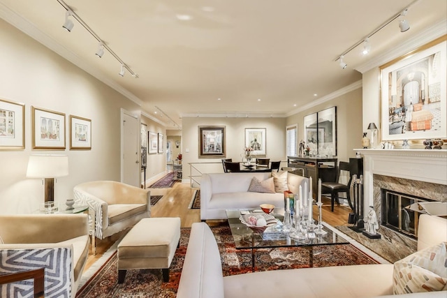 917 W Gunnison St Unit 1W, Chicago, IL 60640 - living area featuring rail lighting, crown molding, light wood-style floors, and a premium fireplace