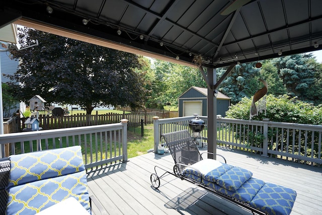 281 Fox Chase Dr N, Oswego, IL 60543 - wooden terrace with a fenced backyard, a shed, and a gazebo