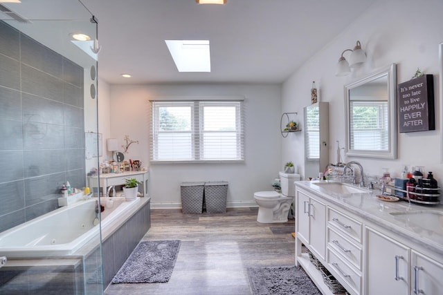 281 Fox Chase Dr N, Oswego, IL 60543 - full bath featuring healthy amount of natural light, a tub with jets, double vanity, a skylight, and recessed lighting