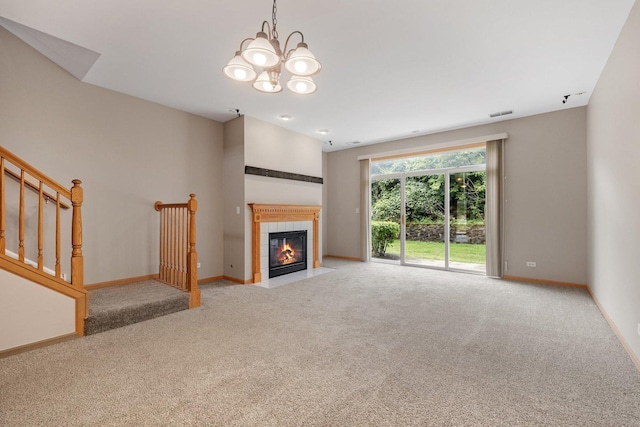 2442 Oneida Ln, Naperville, IL 60563 - unfurnished living room featuring carpet floors, a tiled fireplace, a chandelier, and stairway
