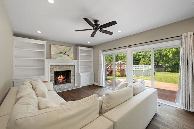 413 Northampton Ct, Naperville, IL 60565 - living area featuring a ceiling fan, recessed lighting, dark wood finished floors, and a brick fireplace