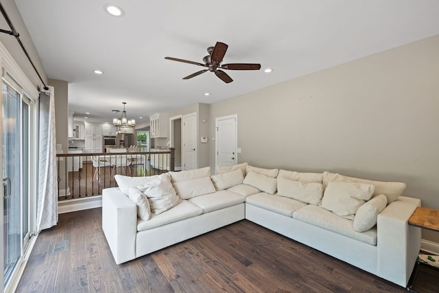 413 Northampton Ct, Naperville, IL 60565 - living area featuring a ceiling fan, recessed lighting, dark wood-style flooring, and a chandelier