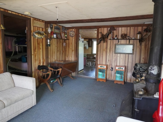 7084 N River Rd, Byron, IL 61010 - carpeted living area with a wood stove and wooden walls