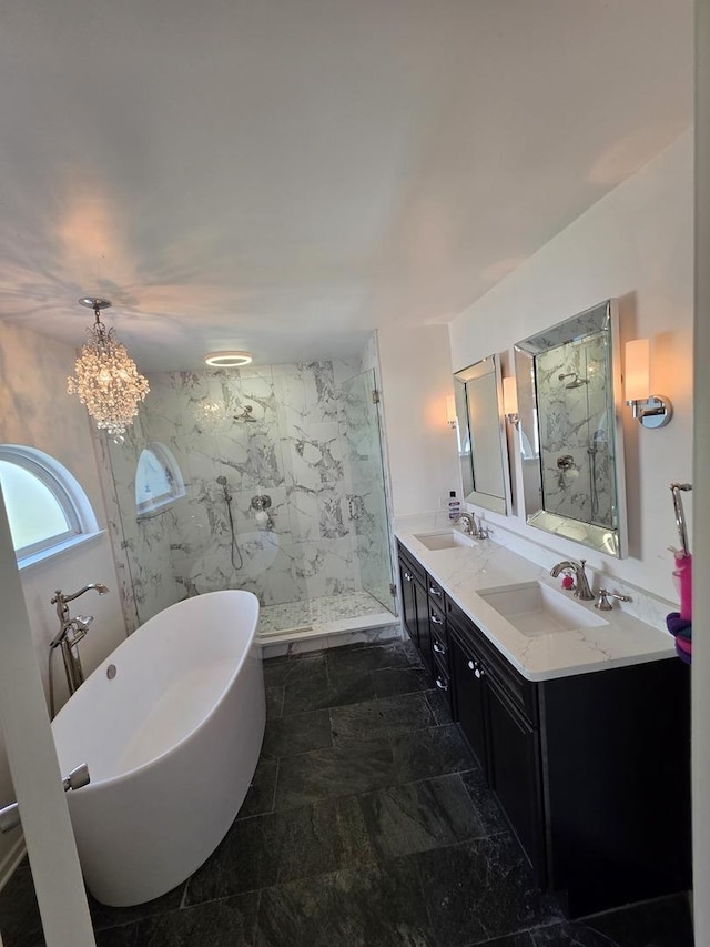 7943 Dada Dr, Gurnee, IL 60031 - bathroom with a marble finish shower, a freestanding bath, double vanity, and a chandelier