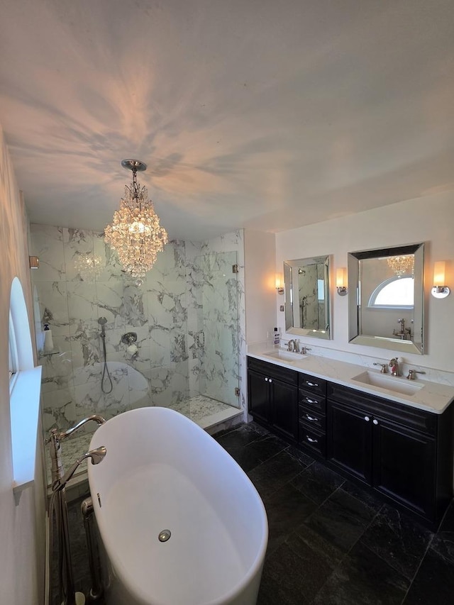 7943 Dada Dr, Gurnee, IL 60031 - bathroom with a soaking tub, double vanity, a marble finish shower, and a chandelier