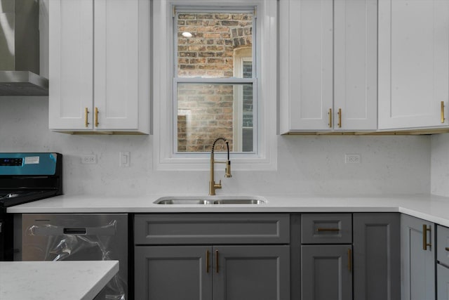 1521 N Maplewood Ave, Chicago, IL 60622 - kitchen featuring wall chimney exhaust hood, gray cabinets, electric range, and light countertops