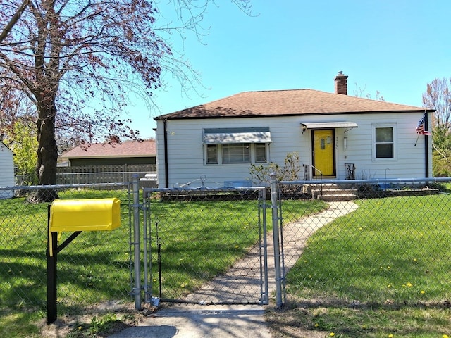 bungalow with a chimney, a gate, a fenced front yard, and a shingled roof