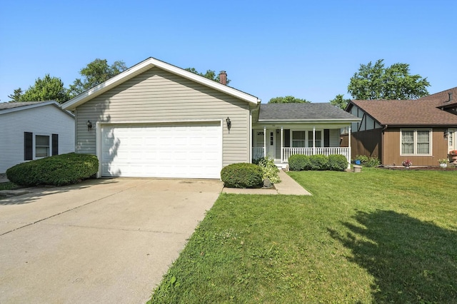 510 Dunbar St, Beecher, IL 60401 - ranch-style house with covered porch, an attached garage, a front lawn, and concrete driveway