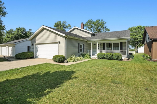 510 Dunbar St, Beecher, IL 60401 - ranch-style home featuring a porch, a garage, driveway, a front lawn, and a chimney