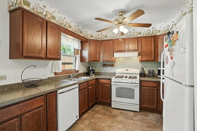 510 Dunbar St, Beecher, IL 60401 - kitchen featuring white appliances, under cabinet range hood, ceiling fan, stone finish flooring, and brown cabinets