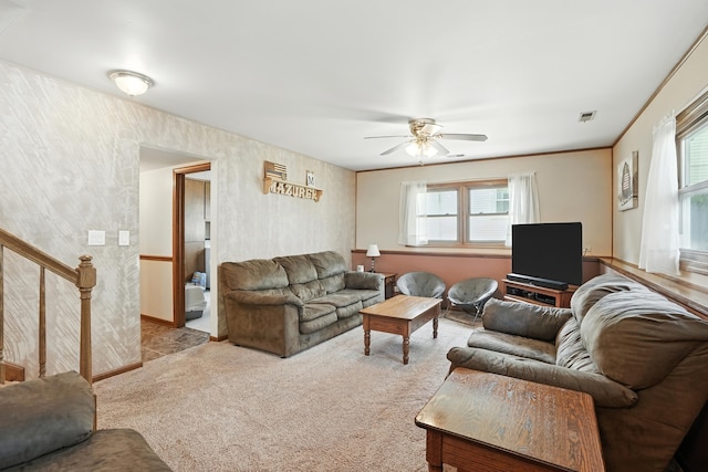 510 Dunbar St, Beecher, IL 60401 - carpeted living area featuring ceiling fan, healthy amount of natural light, stairs, and wallpapered walls