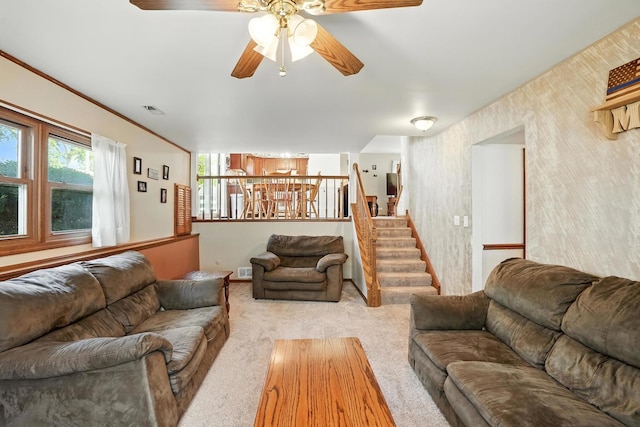 510 Dunbar St, Beecher, IL 60401 - carpeted living area featuring a ceiling fan and stairs