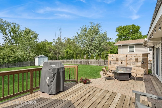 1700 Bolson Dr, Downers Grove, IL 60516 - wooden terrace with an outdoor fire pit, a shed, area for grilling, and a fenced backyard