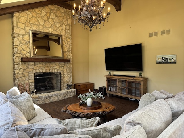 4213 Steam Mill Ct, Oswego, IL 60543 - living area with a chandelier, a stone fireplace, and wood finished floors