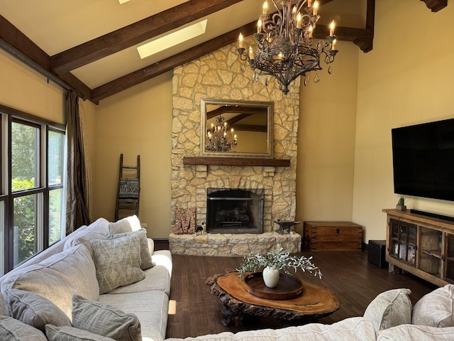 4213 Steam Mill Ct, Oswego, IL 60543 - living area with a chandelier, a fireplace, wood finished floors, and a skylight