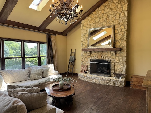 4213 Steam Mill Ct, Oswego, IL 60543 - living room featuring beam ceiling, wood finished floors, a chandelier, a skylight, and a fireplace