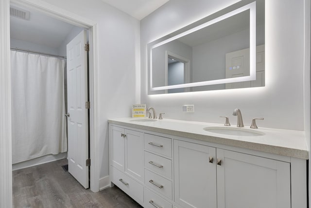 2751 Cedar Creek Cutoff Rd, Wauconda, IL 60084 - bathroom featuring double vanity, wood finished floors, and curtained shower