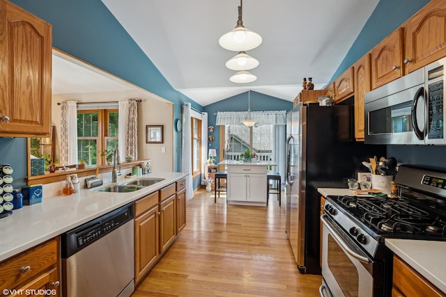 11910 Somerset Rd, Orland Park, IL 60467 - kitchen featuring stainless steel appliances, lofted ceiling, light wood-style floors, brown cabinets, and healthy amount of natural light