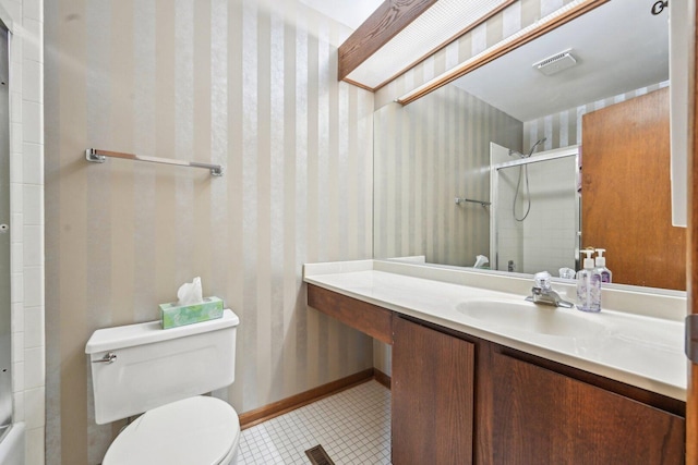397 Briarwood Ct, Gurnee, IL 60031 - bathroom with a shower with door, vanity, tile patterned flooring, and wallpapered walls