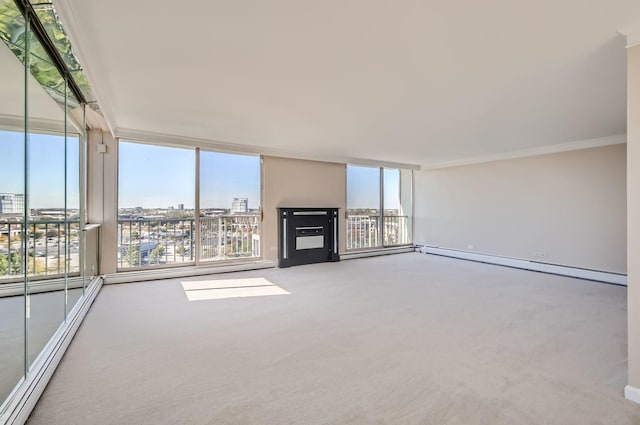 20 N Tower Rd Unit 12M, Oak Brook, IL 60523 - unfurnished living room with baseboard heating, carpet flooring, plenty of natural light, a wall of windows, and ornamental molding