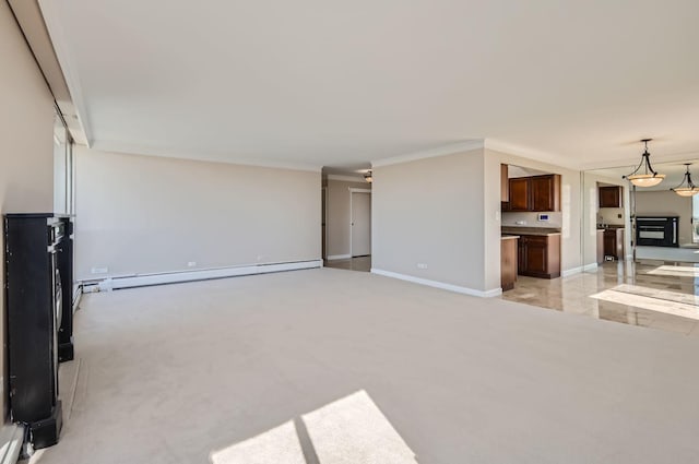 20 N Tower Rd Unit 12M, Oak Brook, IL 60523 - unfurnished living room featuring a baseboard radiator, ornamental molding, and light carpet