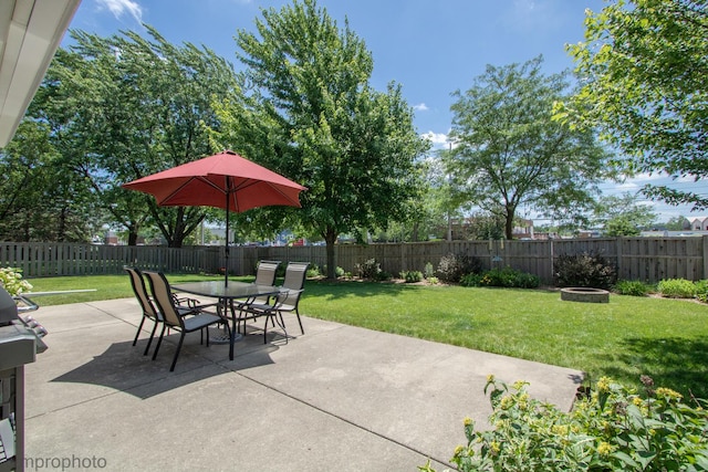 407 Danbury Ct, Schaumburg, IL 60193 - fenced backyard featuring a patio area, a fire pit, outdoor dining space, and grilling area