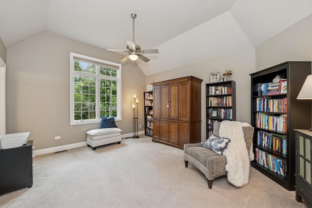 5803 Tomlinson Dr, Mchenry, IL 60050 - living area featuring vaulted ceiling, light carpet, and a ceiling fan