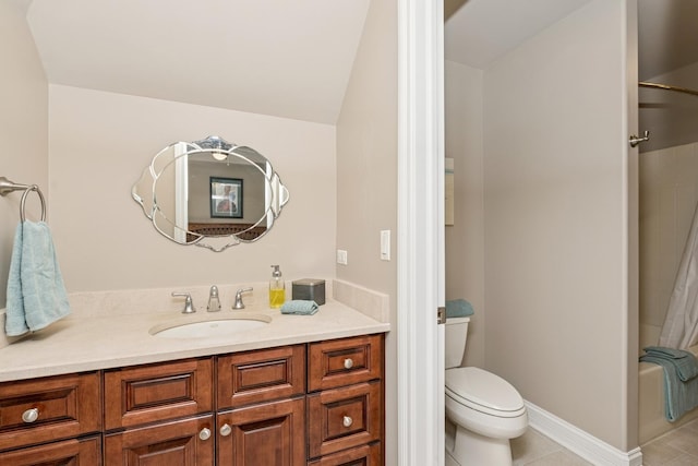5803 Tomlinson Dr, Mchenry, IL 60050 - bathroom with vanity, shower / tub combo with curtain, tile patterned flooring, and vaulted ceiling