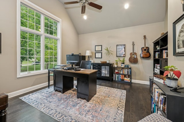 5803 Tomlinson Dr, Mchenry, IL 60050 - home office featuring a ceiling fan, dark wood finished floors, vaulted ceiling, and recessed lighting