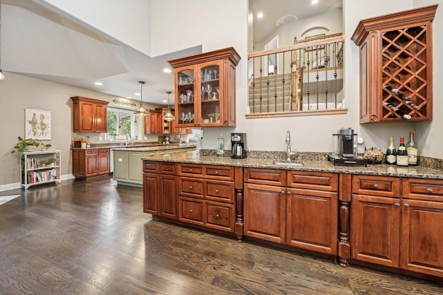 5803 Tomlinson Dr, Mchenry, IL 60050 - indoor bar with dark wood-style flooring, recessed lighting, hanging light fixtures, and a towering ceiling