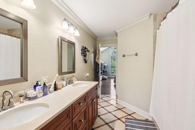 145 Benton Ln, Bloomingdale, IL 60108 - bathroom with inlaid floor details, double vanity, and crown molding