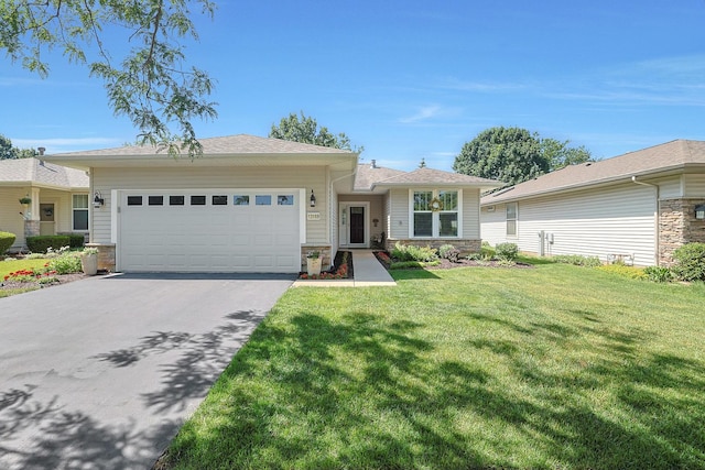 13159 Shirley Ln, Huntley, IL 60142 - ranch-style home featuring stone siding, driveway, an attached garage, and a front lawn